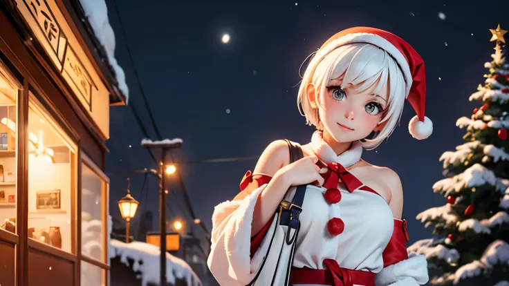 A neat and cute woman, wearing a white Santa Claus costume, upper body, short hair down to the shoulders, snowy scenery in the city at night,