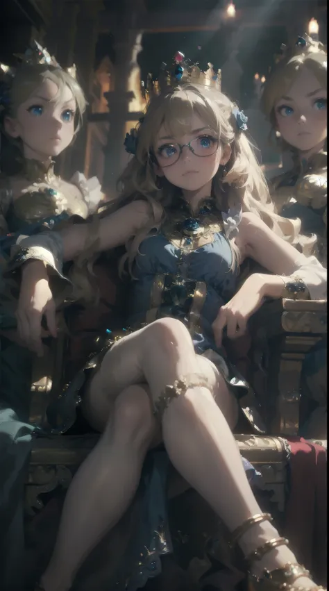 ( Highest image quality, masterpiece:1.2), ( Ultra HD Illustration ), (Very cute little queen , :1.3), ( 1 girl:1.2),  unique , ( shot from below :1.3) ,( arrogant expression :1.3),  ( sleeveless gorgeous blue rose dress:1.3),  Seated in the Kings Seat , Q...