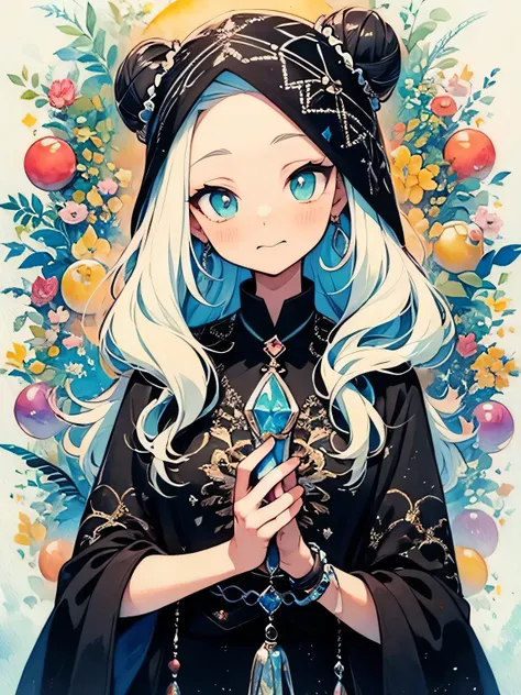alone,white single bun,forehead,old female,Fortune Tellers Face Veil、Western fortune teller、Fortune teller costume、 Crystal Balls 、Telling fortune、like a painting、watercolor画風, The Art of Mathematics, Official Art, Masterpiece , beautiful, ((watercolor)), ...