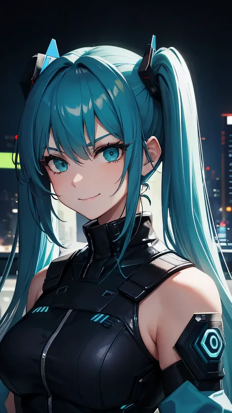 Head-on view , Beautiful Soldier Blue Twintail Haired  , Green Eyes , Cyberpunk City  , Blue Neon Light , Focus her Upper Body  , Smile Evil Expression