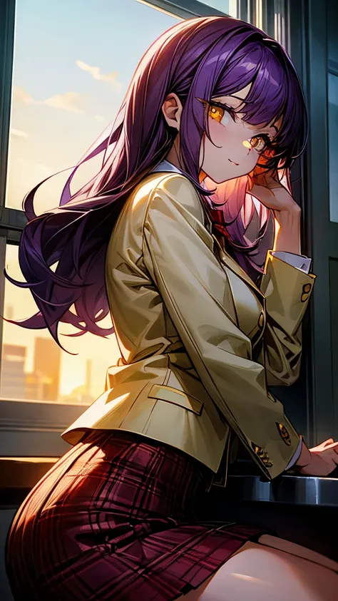 Shoulder-length purple-haired, (yellow-eyed:1.3) young girl wearing a white polo shirt, white blazer and red plaid skirt sitting, side shot by a classroom window golden hour