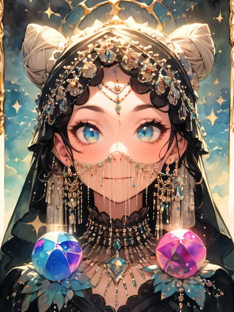 (looking at viewer:1.3),alone,white single bun,(Forehead Chain Veil),old female,Fortune Tellers Face Veil、Western fortune teller、Fortune teller costume、 Crystal Balls 、Telling fortune、like a painting、watercolor画風, The Art of Mathematics, Official Art, Mast...