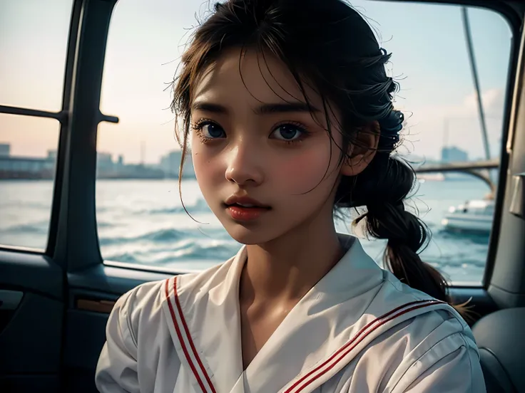 1 girl , high definition , High Quality , masterpiece on penis , white sailor suit, red ribbon, braided ,Super beautiful girl,dark skin, enchanting face 、Highly detailed faces、 perfect face、golden balance, Professional Lighting,In the city