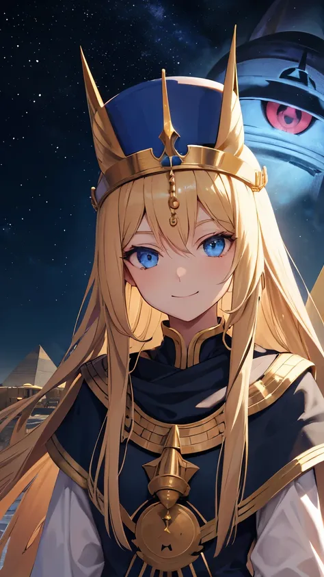 Head-on view , Beautiful Girl Long Blonde Haired , Blue Eyes, Pharaoh Hat , scenery Egypt Pyramid and Sphinx on Night Sky with Orion Constelation Star  , Focus her Upper Body , Smile Evil Expression