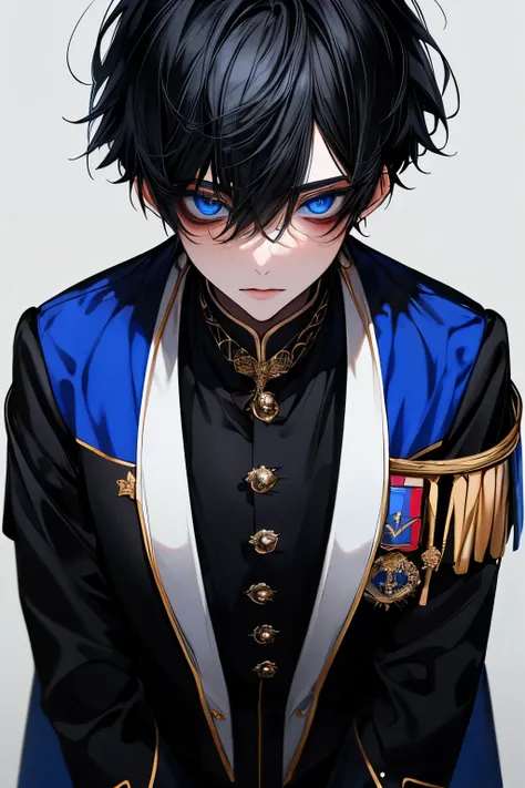   top quality , masterpiece,   high resolution, 8k, Boy,  black hair ,   blue eyes on Adobe, Royal uniform ,   white background  , Front view