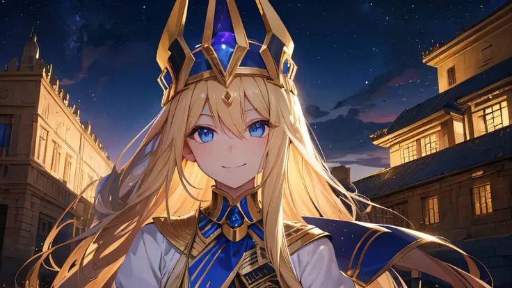 Head-on view , Beautiful Girl Long Blonde Haired , Blue Eyes, Pharaoh Hat , scenery Egypt Pyramid and Sphinx on Night Sky with Orion Constelation Star  , Focus her Upper Body , Smile Evil Expression