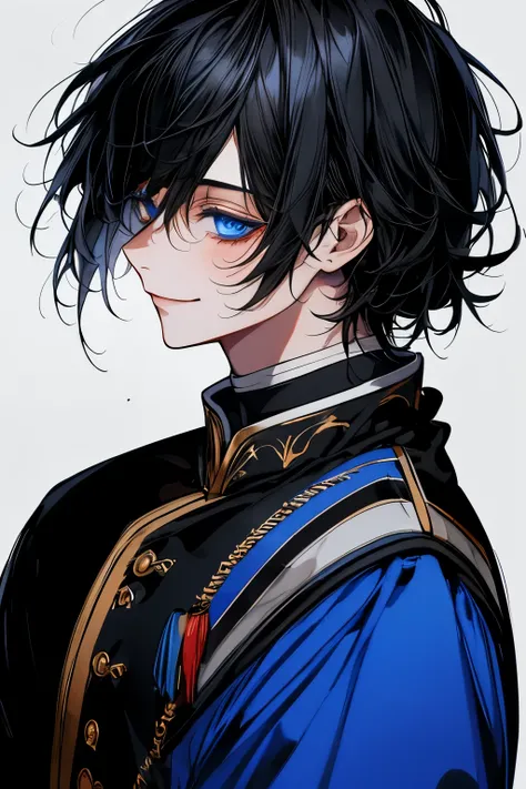   top quality , masterpiece,   high resolution, 8k, Boy,  black hair ,   blue eyes on Adobe, Royal uniform ,   white background  , Side view, Smiling face