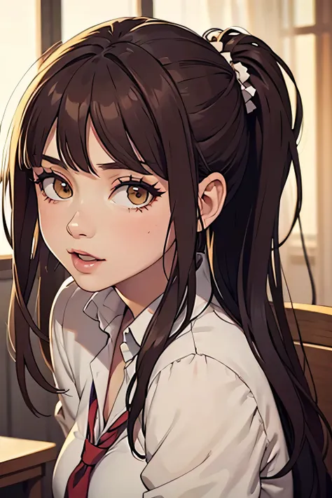 (giant girl, white skin, curvy sexy body, long hair, brown hair, ponytails, secretary uniform, erotic, sexy pose, cheerful, danganronpa style), (best quality, ultra-detailed, realistic:1.37), (illustration, vibrant colors, portraits), (warm color tones, so...