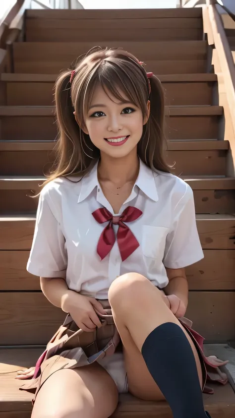 ( top quality, 4K, expensive resolution:1.1), Brown Hair, ,  Japanese Gal , ( anatomically accurate :1.1), 18 years old, smile,  short skirt ,  dark blue plaid skirt ,  red plaid skirt,  brown loafers, black shoes, expensive ,  Japanese school uniform ,  w...