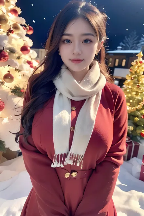 8k ultra detailed CG unity wallpaper, highest quality, Super detailed, ​masterpiece, realistic, surreal, ultra detailed cute girl, 25 years old, blushing, round eyes, Big breasts, viewers perspective, Big breasts, winter snow, ((Scarf, wearing a dress and ...