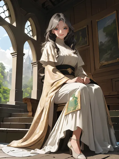 Top quality, 8K, masterpiece, ultra-detailed, beautiful illustration for light novels, elegant eyebrow, natural eyelid, European slim blue-gray eyes, female smaller nose, light-pink lips, wearing simple ear accessory, smiling intimately, looking at viewer,...