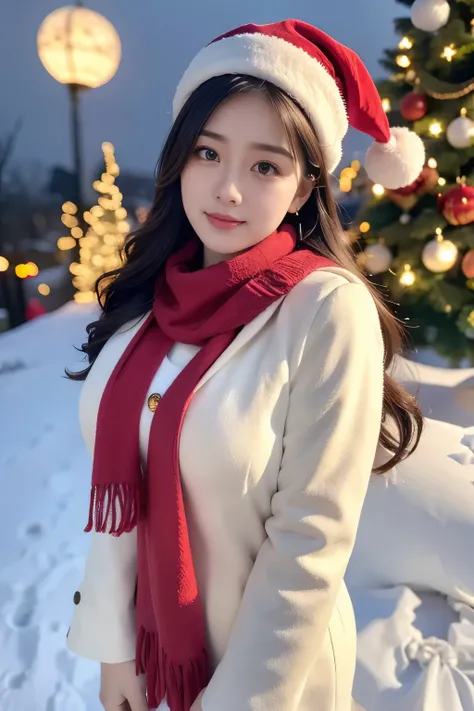 8k ultra detailed CG unity wallpaper, highest quality, Super detailed, ​masterpiece, realistic, surreal, ultra detailed cute girl, 25 years old, blushing, round eyes, Big breasts, viewers perspective, Big breasts, winter snow, ((Scarf, wearing a dress and ...