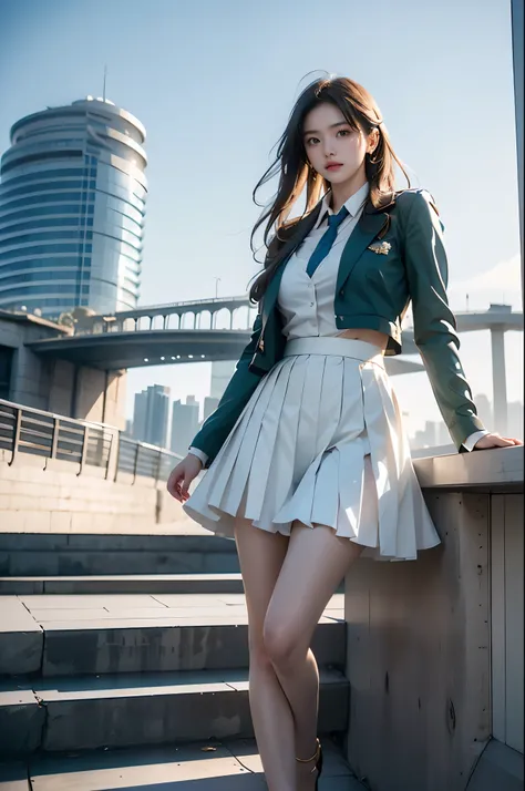 green jacket, white shirt, pleated skirt, neck tie, school dress ((full body:1.4)), ((from below:1.2)), (photorealistic:1.4), 1 young woman, (Full chest, visible cleavage, very short hemline, revealing smooth thighs, correct and beautiful leg shape), beaut...