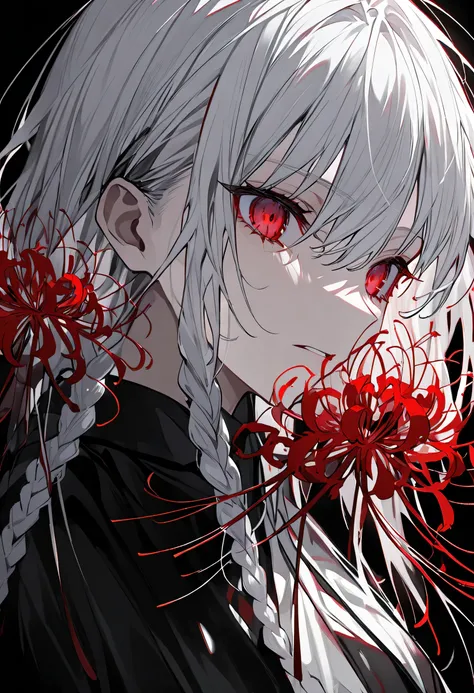 White Hair、 red eyes、 braids 、 No Emotion、 black dress、 red ribbon、Red spider lily、 black background