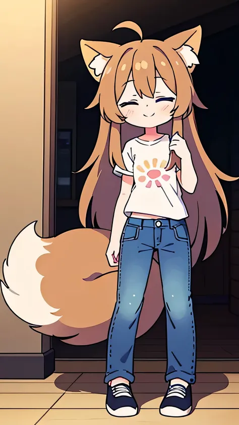  1 girl ,  long hair, smile,  blue eyes, Brown Hair,Ahoge,  animal ears ,  fox ear,tail, white shirt,jeans,whole body,be happy, Im closing my eyes, is closing its mouth