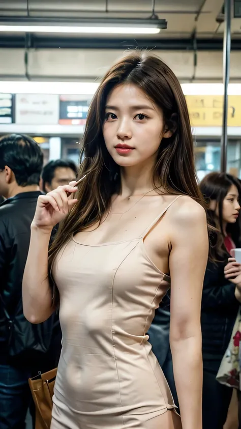 Tilt your body forward : 1.6, Light brown hair : 1.2,  Open shoulders that stick to your body: 1.4,  background is a crowded subway interior, (Top quality, masterpiece,  realistic)