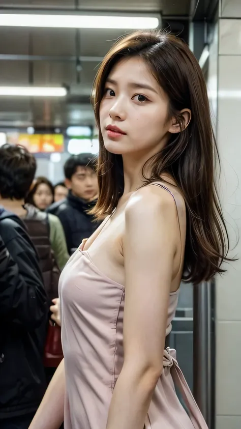 Tilt your body forward : 1.6, Light brown hair : 1.2,  Open shoulders that stick to your body: 1.4,  background is a crowded subway interior, (Top quality, masterpiece,  realistic)