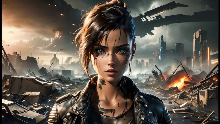 a close up of a woman in a leather jacket standing in front of a destroyed city, alita battle angel, apocalyptic art, cover game art, beautiful cyberpunk girl face, alita, photorealistic dark concept art, beautiful female neuromancer, portrait of lara crof...