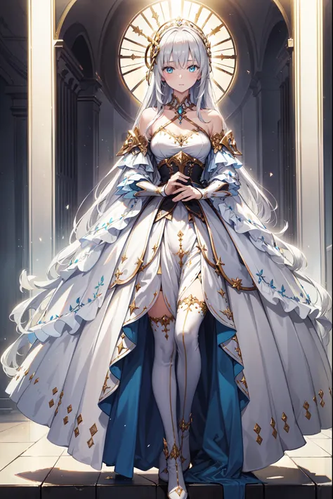 (  This is the best quality ,4K,8K,   high resolution, masterpiece :1.2),     Super Detailed   ,  girl ，Holy，(   silver white hair  )，   blue eyes  ，obsessed， Elegant standing posture，玩得  happy  ，in love，   Lightweight princess dress   ，  Exquisite clothin...