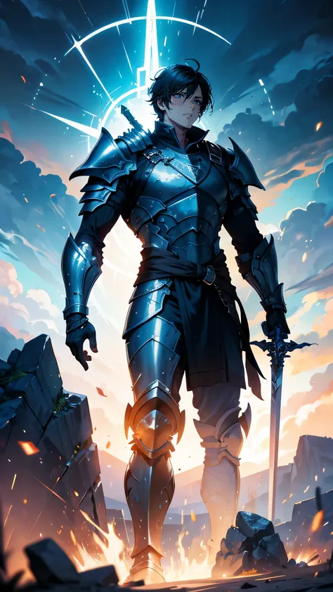 “A towering male warrior with muscular build, wearing heavy steel armor and a massive sword slung over his back. He has short black hair and a scar across his cheek, with a stern but protective look in his dark eyes. His armor is detailed with battle scars...