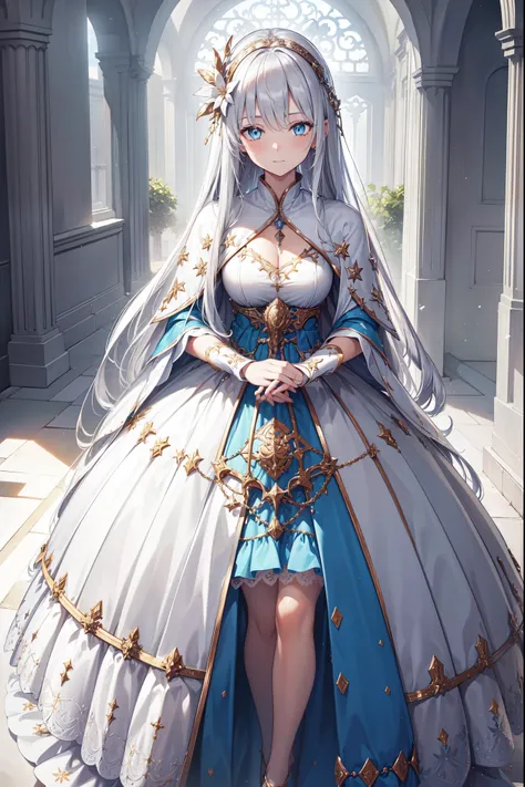 (  This is the best quality ,4K,8K,   high resolution, masterpiece :1.2),     Super Detailed   ,  girl ，Holy，(   silver white hair  )，   blue eyes  ，obsessed， Elegant standing posture，玩得  happy  ，in love，   Lightweight princess dress   ，  Exquisite clothin...