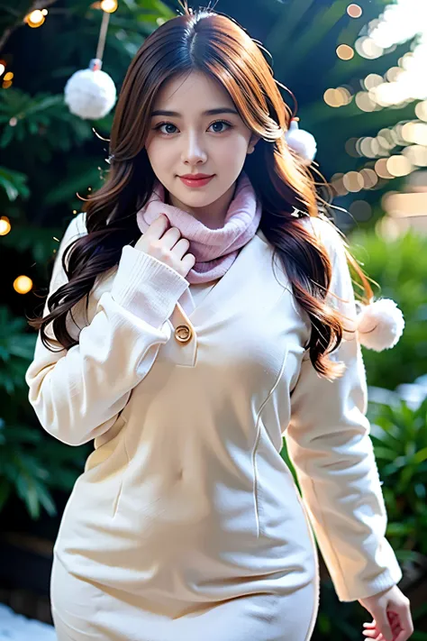 8k ultra detailed CG unity wallpaper, highest quality, Super detailed, ​masterpiece, realistic, surreal, ultra detailed cute girl, 25 years old, blushing, round eyes, Big breasts, viewers perspective, Big breasts, winter snow, ((Scarf, wearing a dress and ...