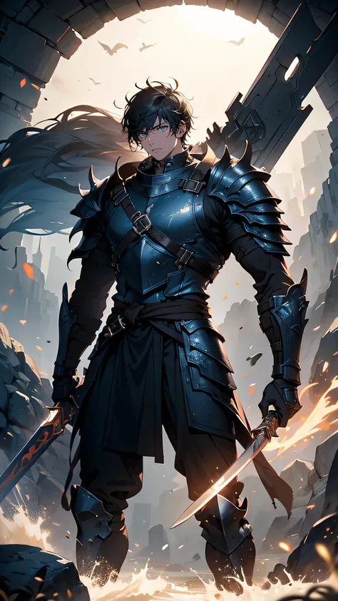 “A towering male warrior with muscular build, wearing heavy steel armor and a massive sword slung over his back. He has short black hair and a scar across his cheek, with a stern but protective look in his dark eyes. His armor is detailed with battle scars...