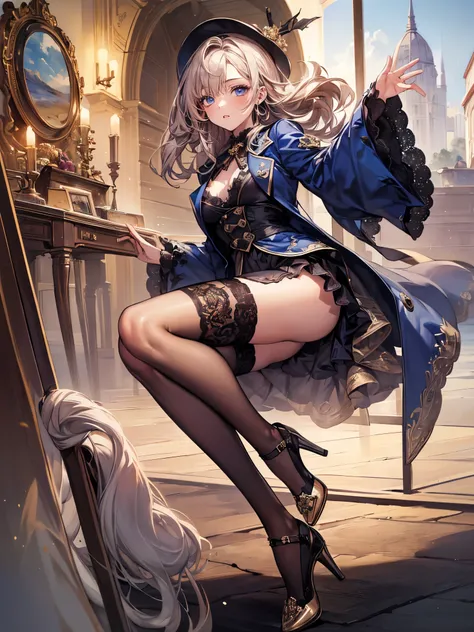 (1girl, masterpiece:1.5),(best quality, highest quality, Highest Resolution, ,Detailed depiction,Detailed Images:1.3),4K,Beautiful woman, (stockings、high heels),シンプルバック