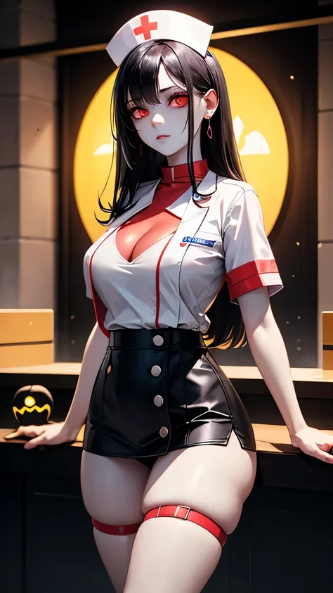  1 girl ,  high definition , masterpiece,  anatomically correct,  Receives Many Awards ,  top quality,  very detailed , Jet black hair,Transparent Hair,chest,  Hide Ears ,((( pale skin))), Glowing red eyes,  nurse cap , Nurse uniform,(((Ghost Girl))), 8k o...