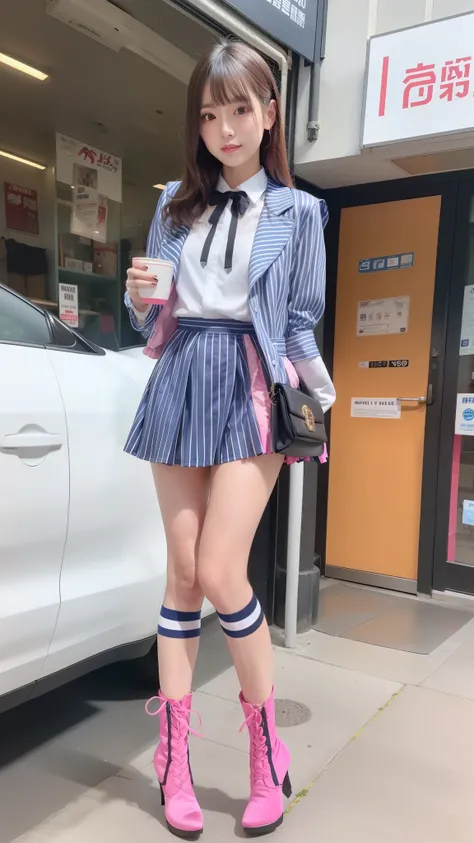 wearing a Costume like an idol, blue and white half sleeve Jacket, pink satin ruffled blouse, White and pink stripe pleated skirt, white lace up boots