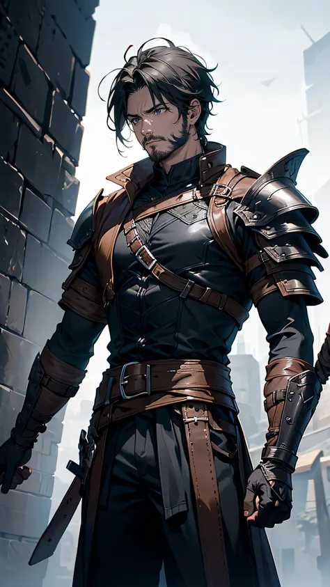 “A rugged male mercenary with messy dark hair and a five o’clock shadow, wearing a mix of leather and metal armor. He carries two daggers at his waist, and his expression is serious and distant. His armor is worn and scratched, and his posture is relaxed b...