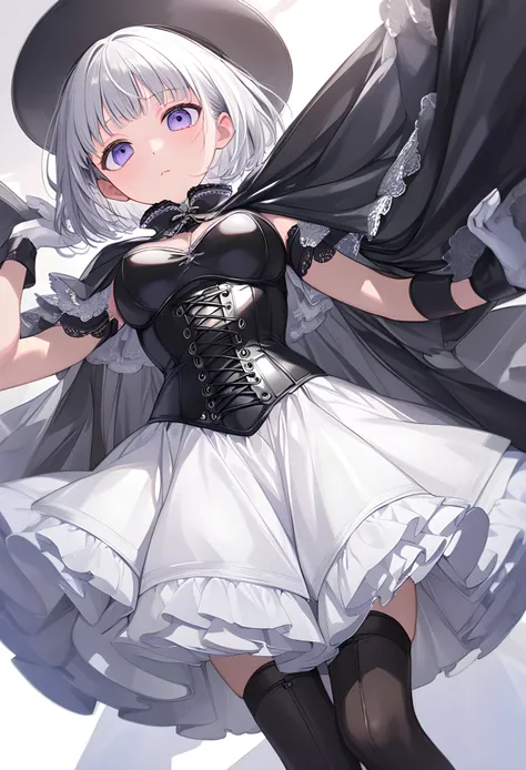  Max image  、  High Quality  、  Anatomically Correct Human Body  、 Girlish、Narrow eyes、  short hair enough to fit on shoulders 、  Silver Hair、 Rubber Corset、  smaller 、  dress、Wide skirt、  leather boots、  black stockings 、  low angle、Close-up of a person