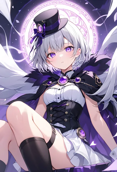  Max image  、  High Quality  、  Anatomically Correct Human Body  、 Girlish、Narrow eyes、A look of contempt、 Mini Silk Hat 、  short enough hair to fit on her shoulders、  Silver Hair、 black leather corset、 Cape、Super small breasts、 smaller 、White Dress、 Ameth...