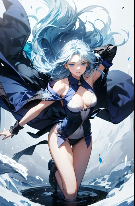 A striking, cinematic full-body portrait of a Yuki-Onna (snow woman) in a tactical combat outfit, designed like a promotional poster. She has long, flowing blue hair with icy streaks, shimmering faintly in the cold light. Her porcelain skin glows with an e...