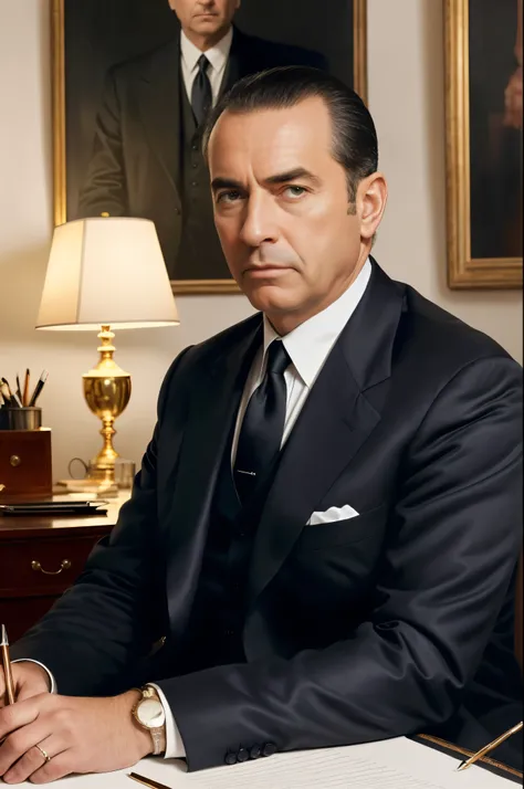 Man in suit sitting at a desk with pen and paper, Don Draper,  Rowan Atkinson , in his suit, por john el gato, in strict suit, retrato de un hombre con traje, Gary Montalbano, In a strict suit, official, serious business, promotional image, JOHN, Steven Me...