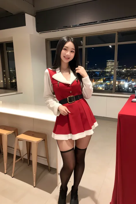  empty Christmas party venue、 standing、 a female high school student、cute trendy red uniform、 miniskirt、Long black hair、 cute face、 idol style、 smiling 、 Oversized Clothes 、Full-body front view