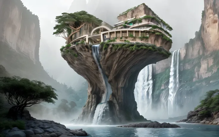 Create an image of a futuristic structure built into a massive waterfall within a rocky canyon. The central feature is a tall, cylindrical tower with a conical top, surrounded by curved, interconnected platforms and buildings with a  natural appearance. Th...