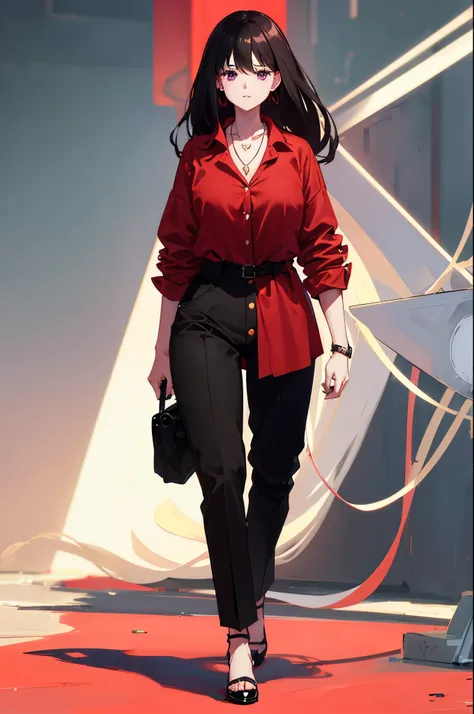   、 pale purple eyes 、black hair、 pale purple eyes 、 semi-long hair、 blushes、 Im embarrassed、One Woman、
BREAK (red theme:1.4), (loose style:1.3), (baggy tops:1.2), (tucked out and button-up oversized red collared-shirt dress with red shirt-hem:1.5), (red s...