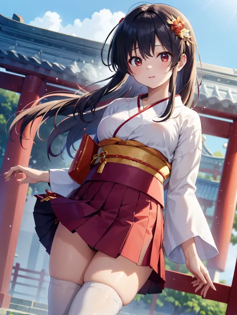 (( top quality)), ( high definition ), (( very detailed ))、(masterpiece)、A shrine maiden with disheveled, mature hair 、Im wearing a kimono dress and cute transparent panties、(６０Im wearing denier tights)、( opens her crotch and flips her skirt at the shrine)...