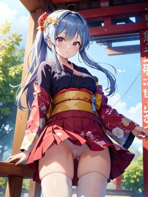 (( top quality)), ( high definition ), (( very detailed ))、(masterpiece)、A shrine maiden with disheveled, mature hair 、Im wearing a kimono dress and cute transparent panties、(６０Im wearing denier tights)、(Open your crotch and flip your skirt at the shrine)、...