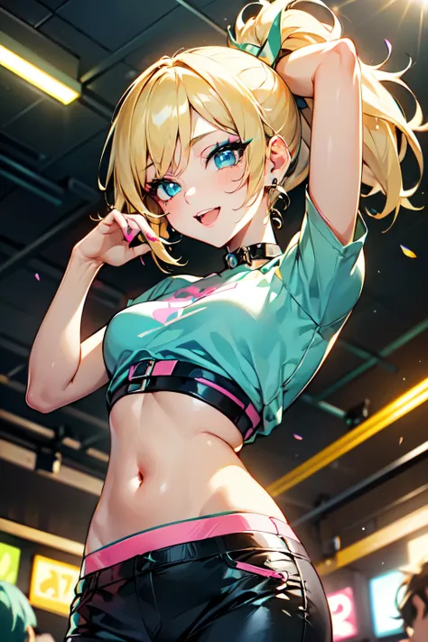 beautiful young neon extasy blonde ponytail girl (detailed face), (makeup), (detailed eyes), (detailed hair), midriff, navel, skirt, pants, hips, dancing excited at rave in hall, blue pink green yellow glow disco lights, crowd, white fluffy, starrystarsclo...