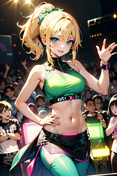 beautiful young neon extasy blonde ponytail girl (detailed face), (makeup), (detailed eyes), (detailed hair), midriff, navel, skirt, pants, hips, dancing excited at rave in hall, blue pink green yellow glow disco lights, crowd, white fluffy, starrystarsclo...