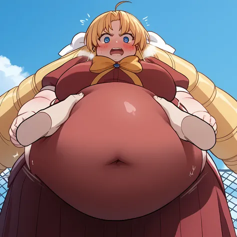 score_8_up, 1girl, blonde hair, blue eyes, solo, long hair, drill hair, bow, blush, ahoge, red school uniform, large breasts, standing, from below, looking at viewer, angry, outdoors bulging belly, fat, chubby, obese, open mouth, out of breath, absurdres, ...