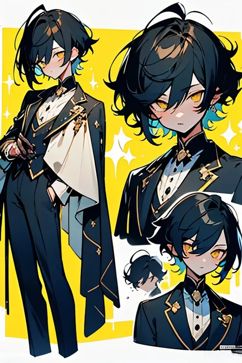 ((best quality)), ((masterpiece)), (detailed), black_hair, short_hair, yellow_eyes, short_hair, closed_mouth, no face, boy hair style, short body, cute, black Tuxedo suit, half body, solo