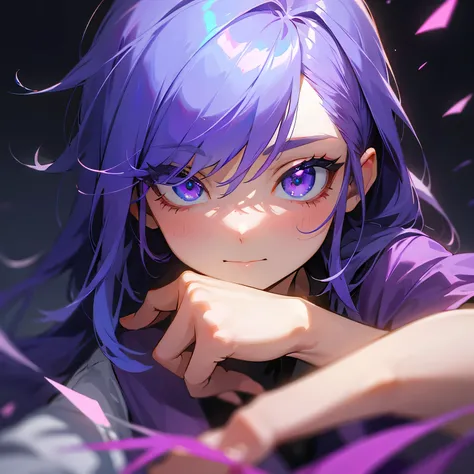 , blue-violet hair, purple left eye, blue right eye, cute and innocent.