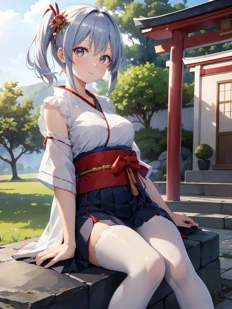 (( top quality)), ( high definition ), (( very detailed ))、(masterpiece)、A shrine maiden with disheveled, mature hair 、She is wearing a transparent kimono dress and cute transparent panties、(６０Im wearing denier tights)、(She is sitting on the stone wall of ...