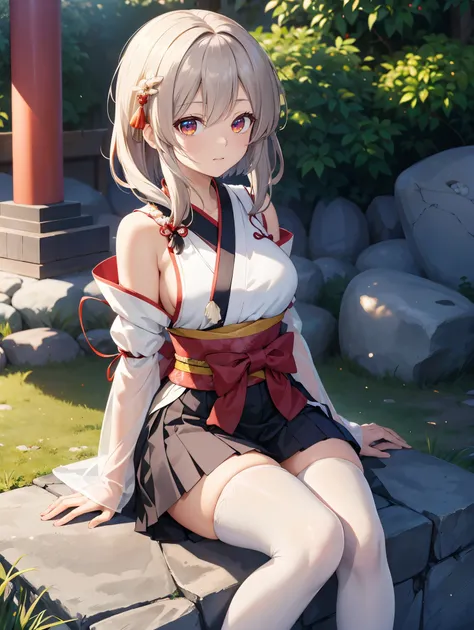 (( top quality)), ( high definition ), (( very detailed ))、(masterpiece)、A shrine maiden with disheveled, mature hair 、She is wearing a transparent kimono dress and cute transparent panties、(６０Im wearing denier tights)、(She is sitting on the stone wall of ...