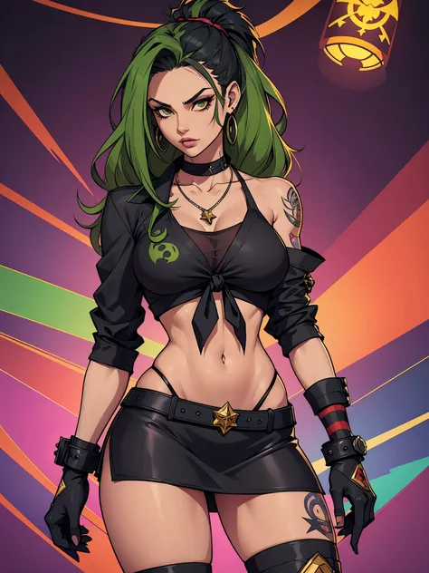  The character has long and voluminous hair , green ,  with darker highlights .  The hairstyle combines elements of punk ,  with some pointed locks . 

 In relation to clothing ,  she wears a black top with a front tie design ,  which reveals his belly ,  ...