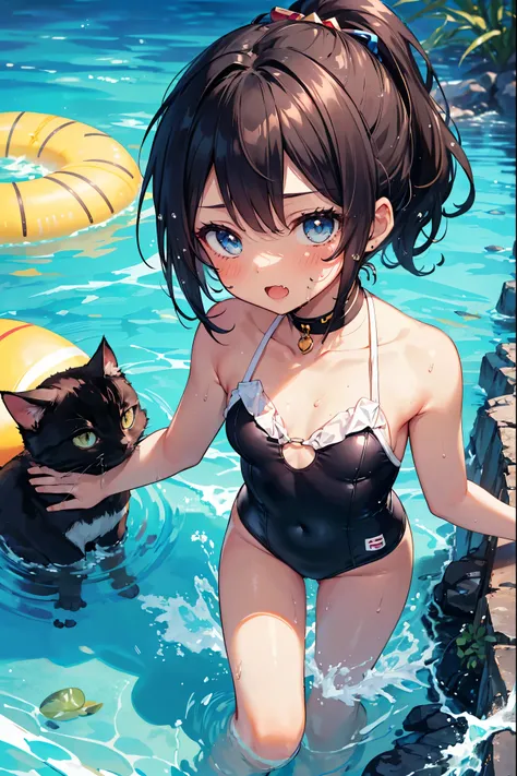 1tiny_wgirl,Highest quality,Black Hair,Sunburn,blue eyes,Brown skin,Dark Skin,Very short hair,ponytail,Cat Eyes,fang,Small breasts,Cat swimsuit,Wet with water,Clear Stream,river,Water Play, wet,(cleft_of_venus:1.5)