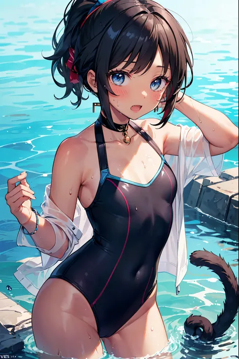 1tiny_wgirl,Highest quality,Black Hair,Sunburn,blue eyes,Brown skin,Dark Skin,Very short hair,ponytail,Cat Eyes,fang,Small breasts,Cat swimsuit,Wet with water,Clear Stream,river,Water Play, wet,(cleft_of_venus:1.5)